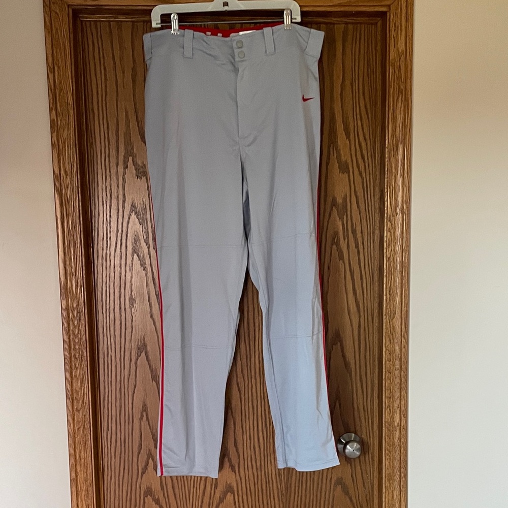 Nike Men's Light Gray Baseball Pants with Red Details